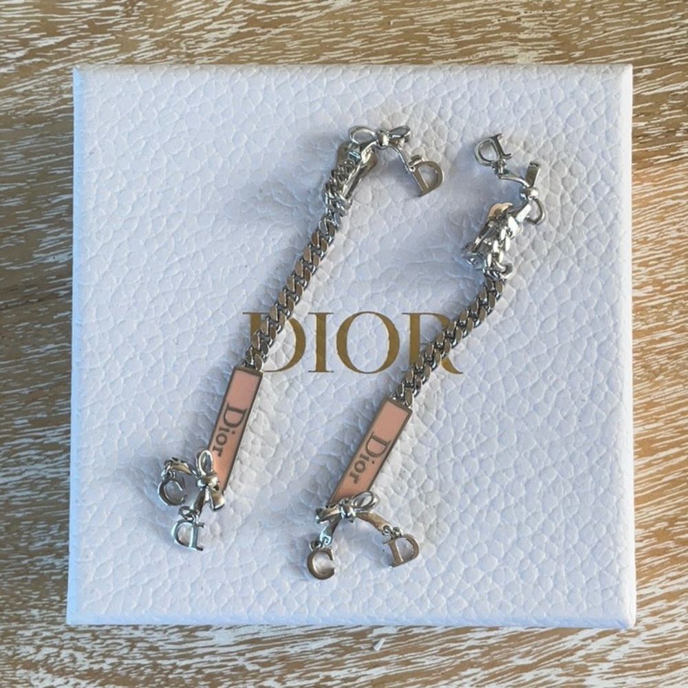 AUTH VTG Christian Dior Silver Long Chain Pink Enamel Nameplate Logo Earrings - Picture 12 of 12